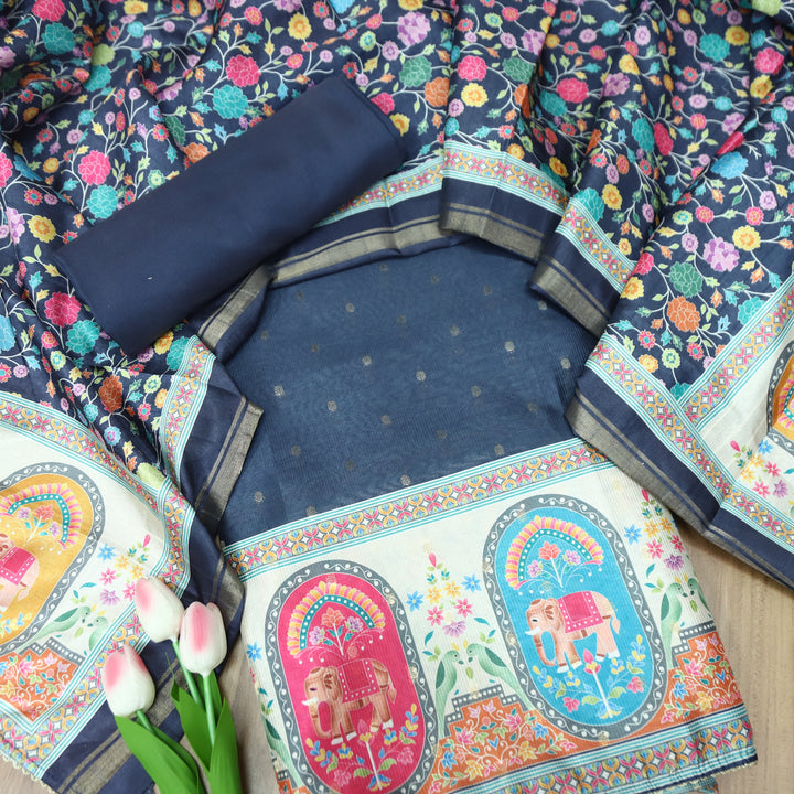 Ada Navy Blue Zari Weaved Buti in Elephant Print Hemline Art Shimmer Tissue Set