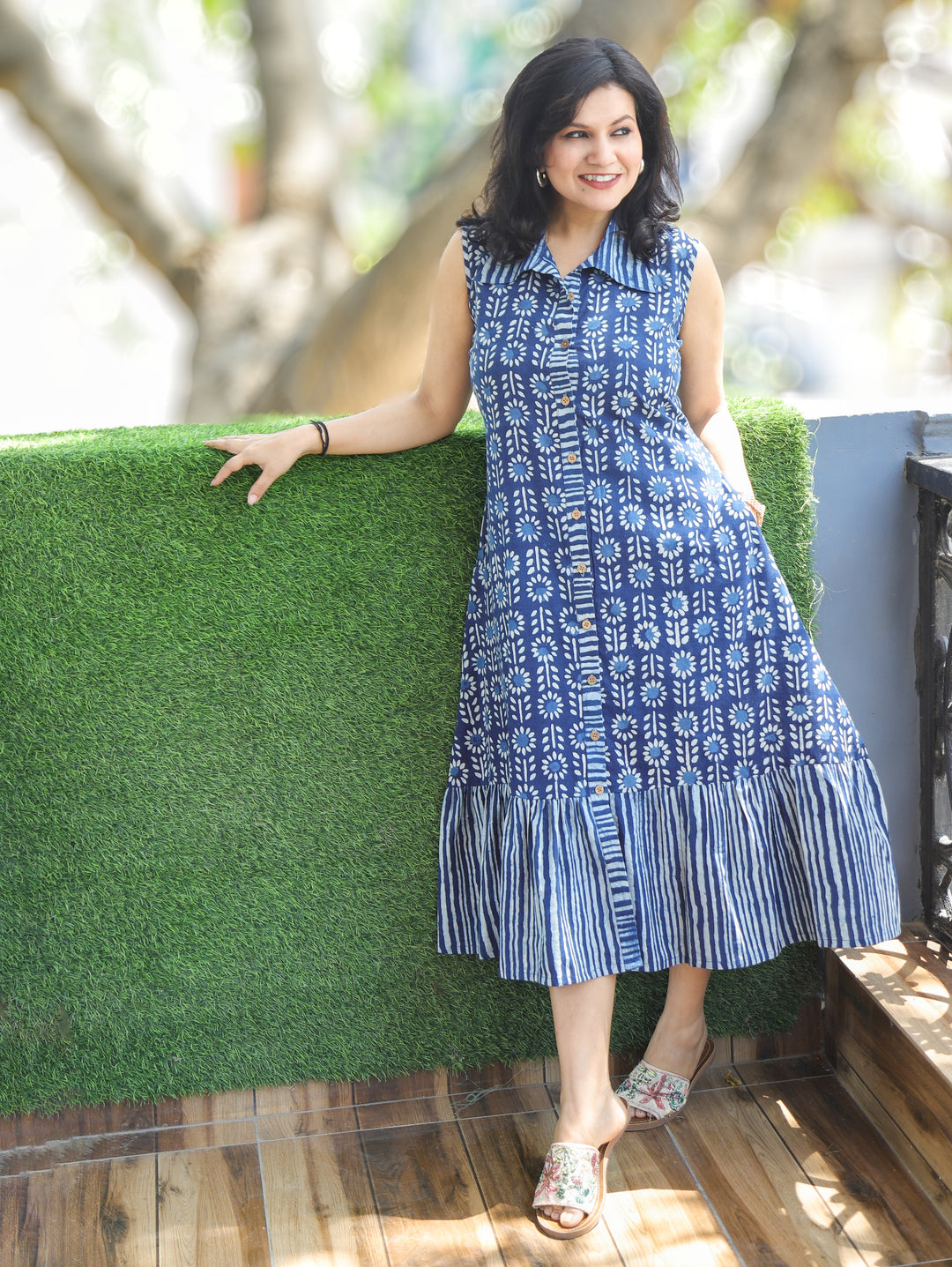 Joe Frill Indigo Blue Sleeveless Dabu Cotton Dress