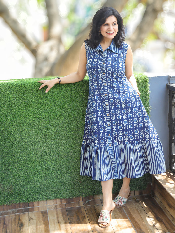 Joe Frill Indigo Blue Sleeveless Dabu Cotton Dress
