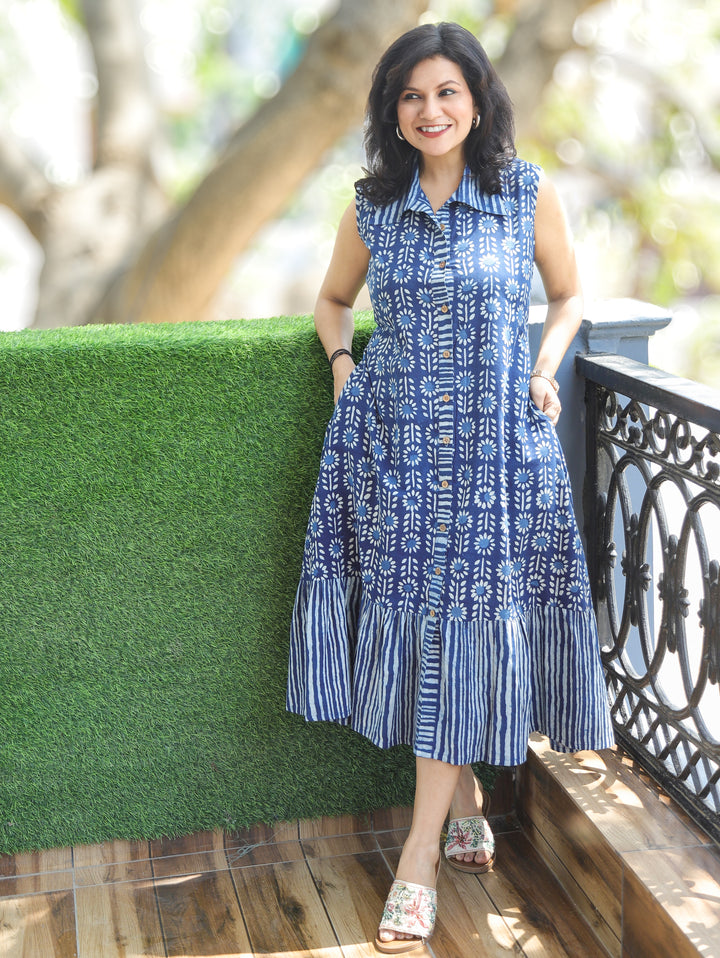 Joe Frill Indigo Blue Sleeveless Dabu Cotton Dress