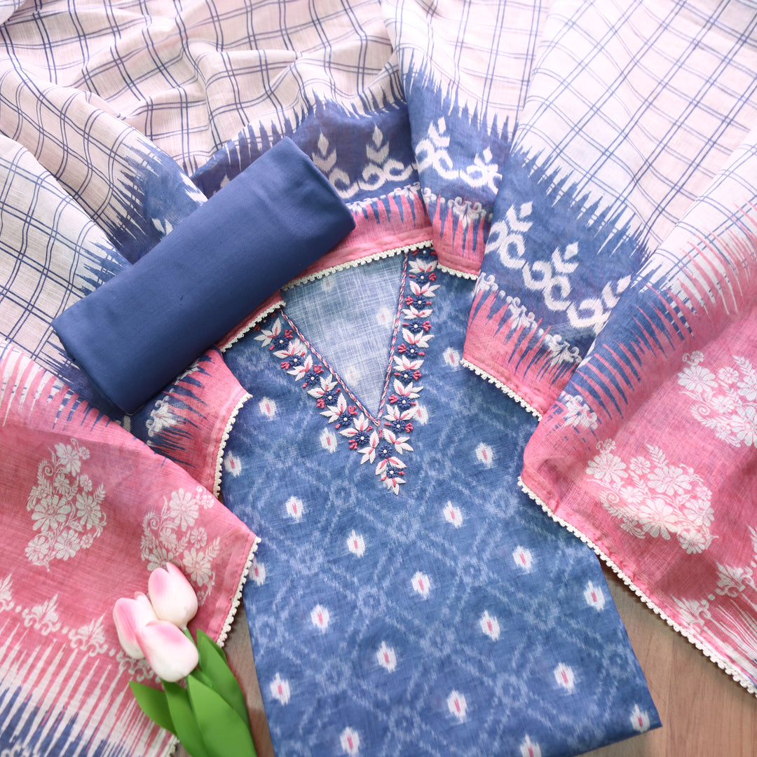 Kamaya Stone Blue V Neck Thread with Moti Detailing Printed Cotton Linen Set