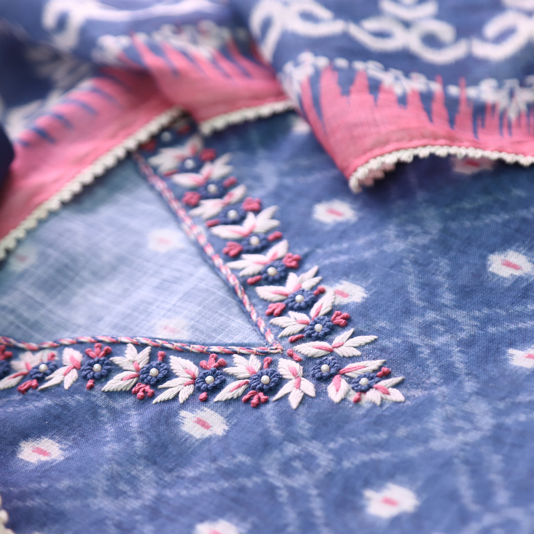 Kamaya Stone Blue V Neck Thread with Moti Detailing Printed Cotton Linen Set