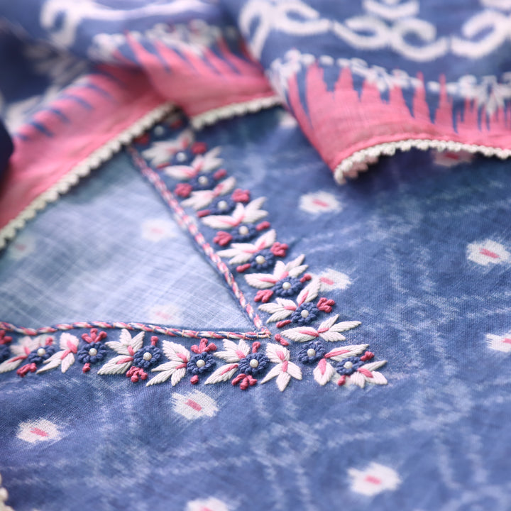 Kamaya Stone Blue V Neck Thread with Moti Detailing Printed Cotton Linen Set