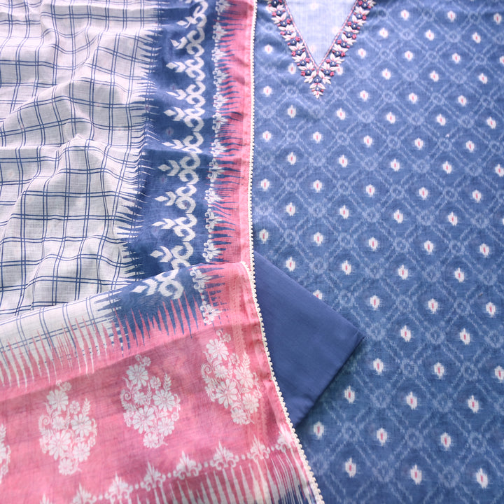 Kamaya Stone Blue V Neck Thread with Moti Detailing Printed Cotton Linen Set