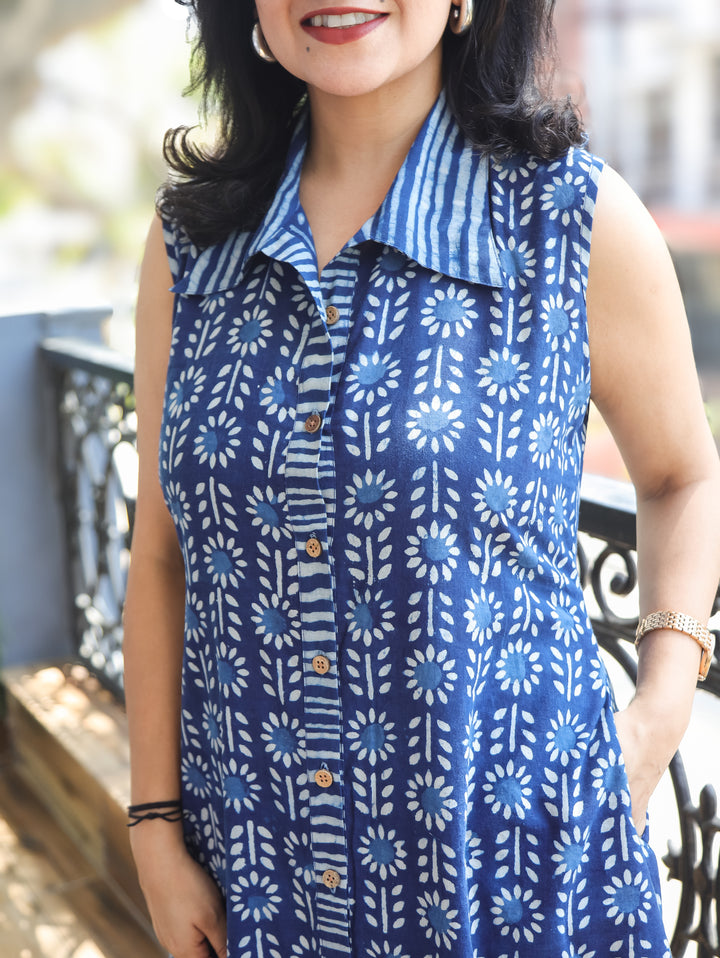 Joe Frill Indigo Blue Sleeveless Dabu Cotton Dress