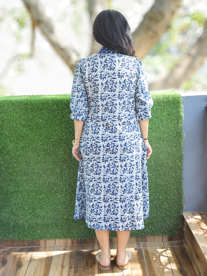 Joe Mary Stone Blue Dabu Printed Cotton Dress