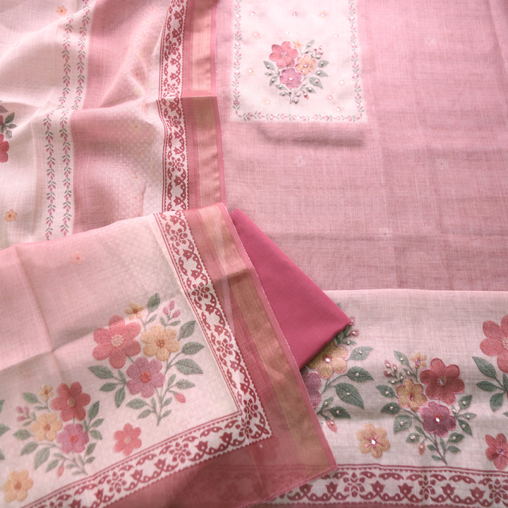 Prachi Mulberry Mauve Patra with Floral Thread Embroidered Shimmer Tissue Linen Set