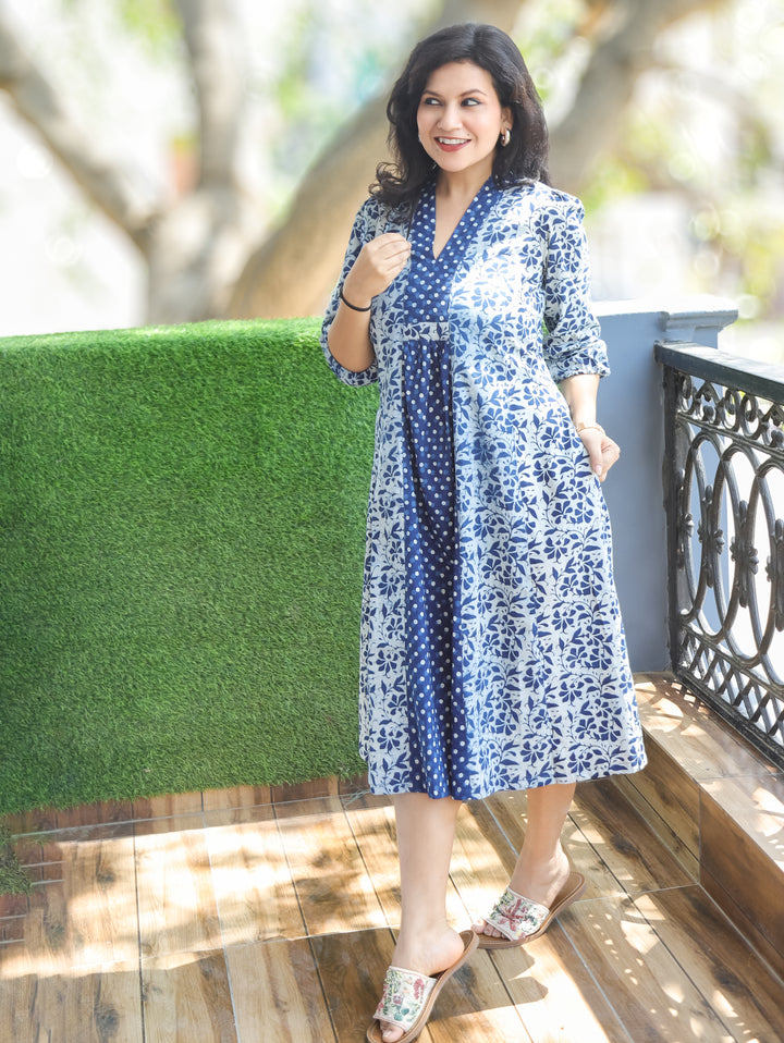 Joe Mary Stone Blue Dabu Printed Cotton Dress