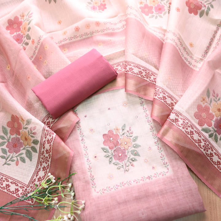 Prachi Mulberry Mauve Patra with Floral Thread Embroidered Shimmer Tissue Linen Set