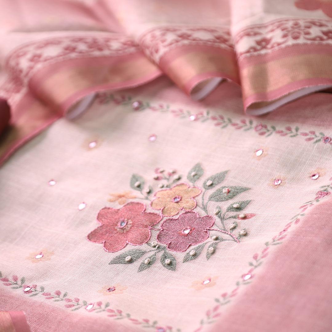 Prachi Mulberry Mauve Patra with Floral Thread Embroidered Shimmer Tissue Linen Set