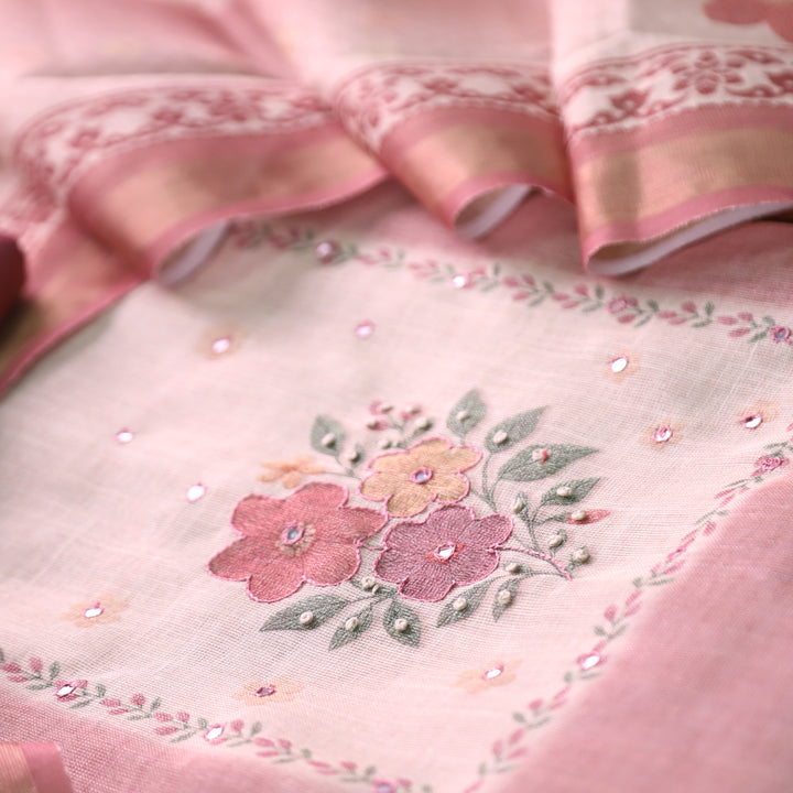 Prachi Mulberry Mauve Patra with Floral Thread Embroidered Shimmer Tissue Linen Set