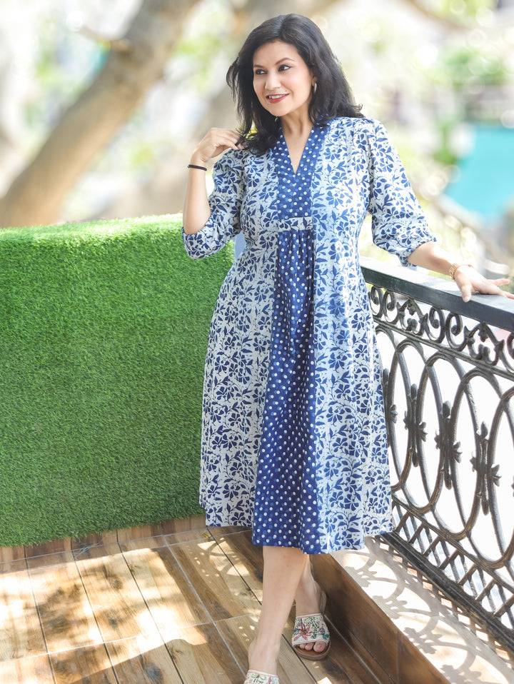 Joe Mary Stone Blue Dabu Printed Cotton Dress
