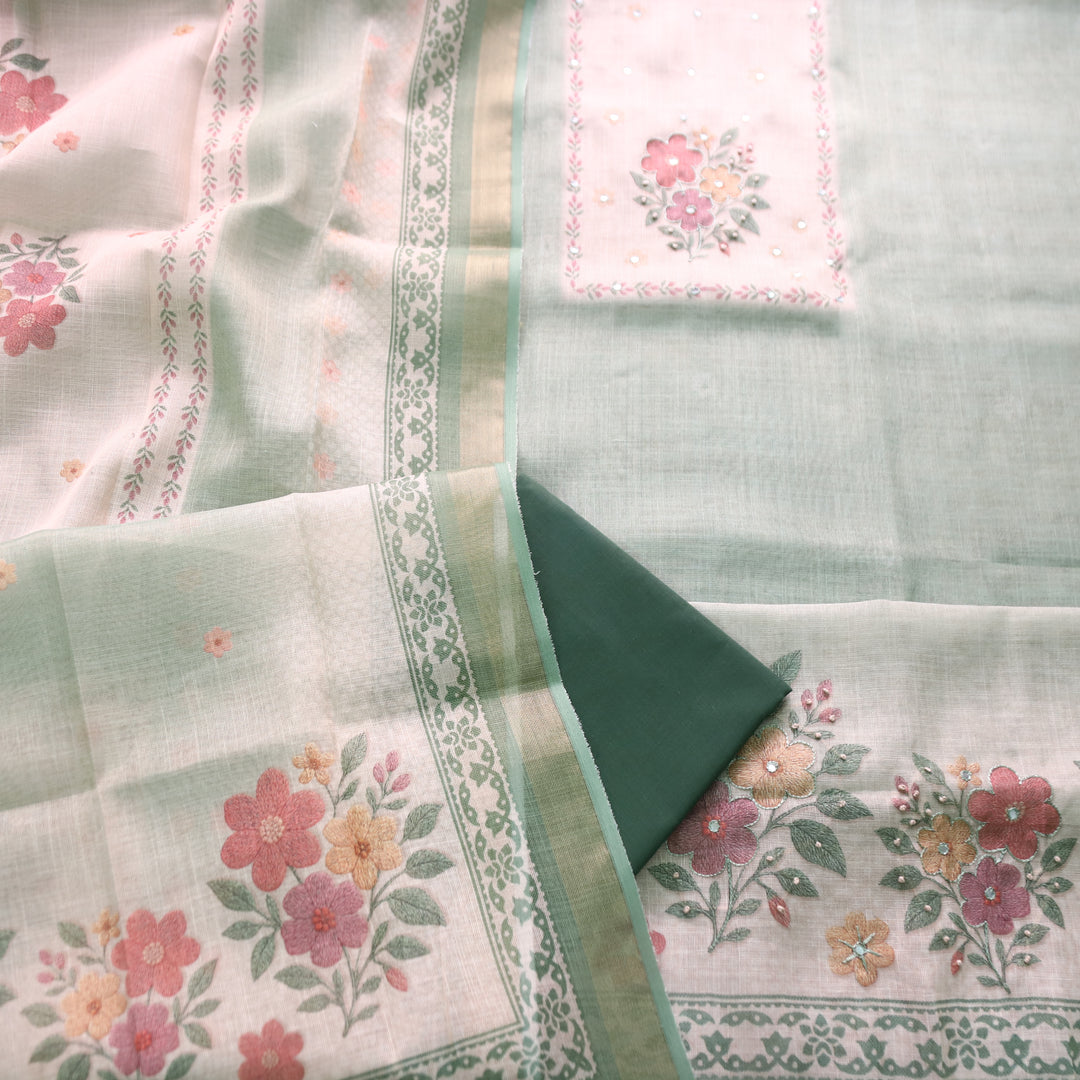 Prachi Pine Green Patra with Floral Thread Embroidered Shimmer Tissue Linen Set