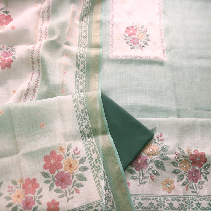Prachi Pine Green Patra with Floral Thread Embroidered Shimmer Tissue Linen Set