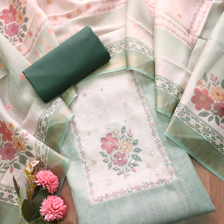 Prachi Pine Green Patra with Floral Thread Embroidered Shimmer Tissue Linen Set