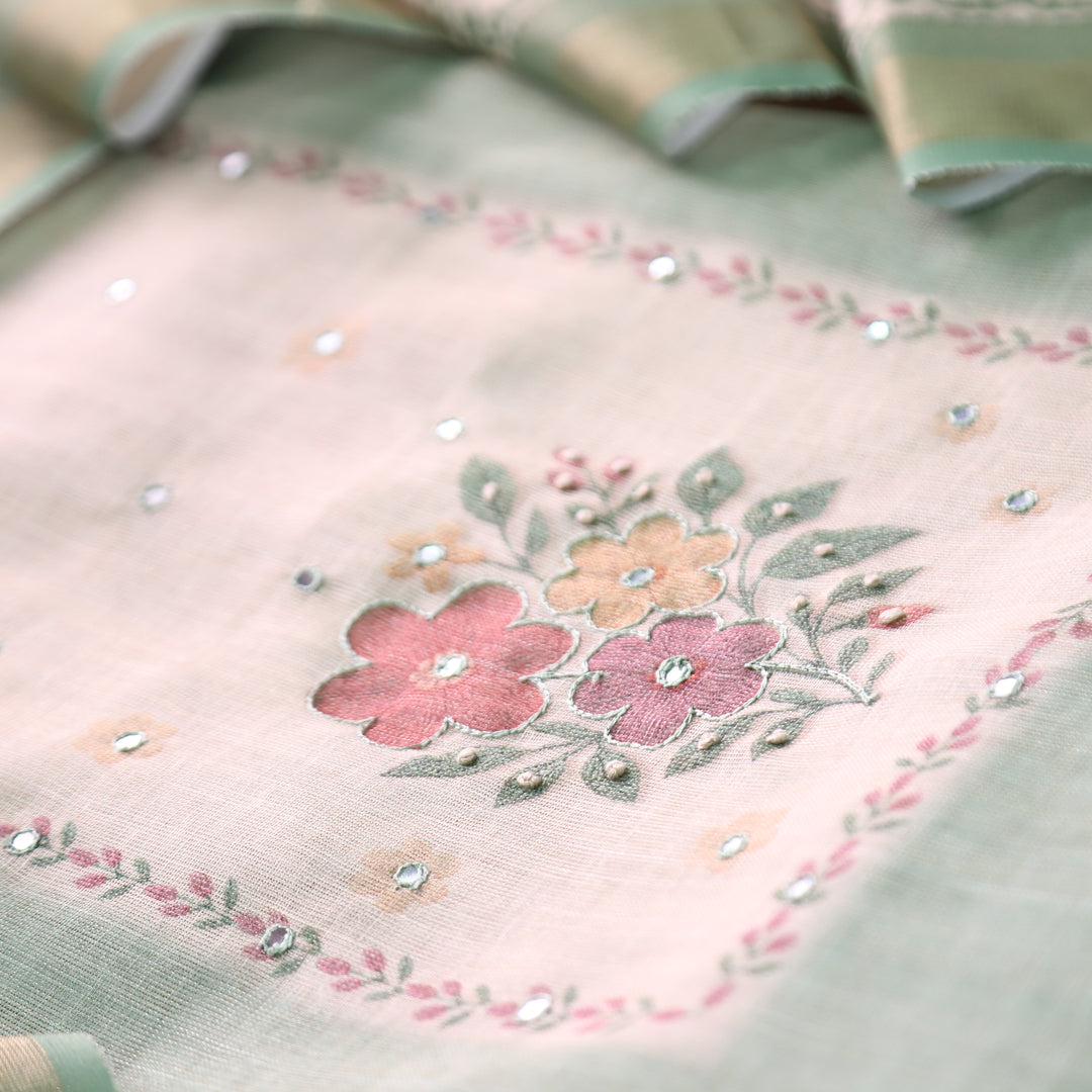 Prachi Pine Green Patra with Floral Thread Embroidered Shimmer Tissue Linen Set