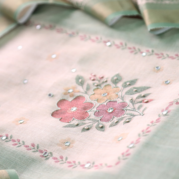 Prachi Pine Green Patra with Floral Thread Embroidered Shimmer Tissue Linen Set