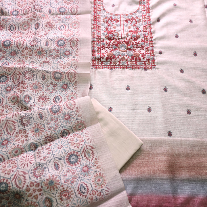 Meenakshi Hazel Beige with Red Kolkata Hand Embroidery Printed Art Tussar Chanderi Set