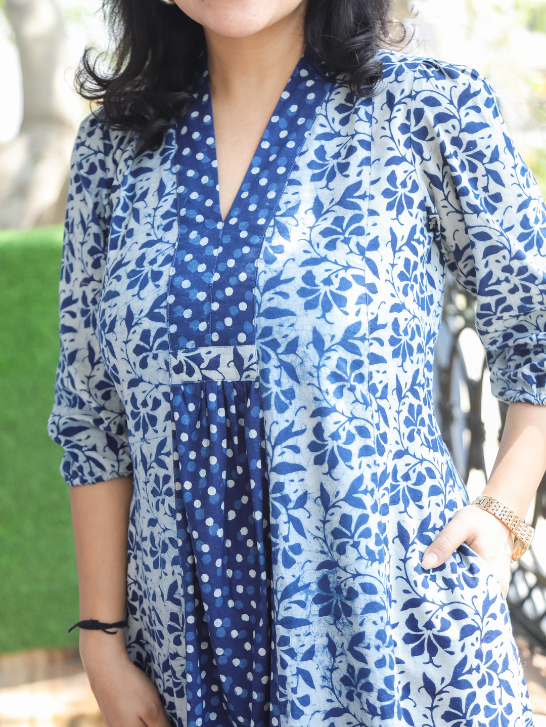 Joe Mary Stone Blue Dabu Printed Cotton Dress