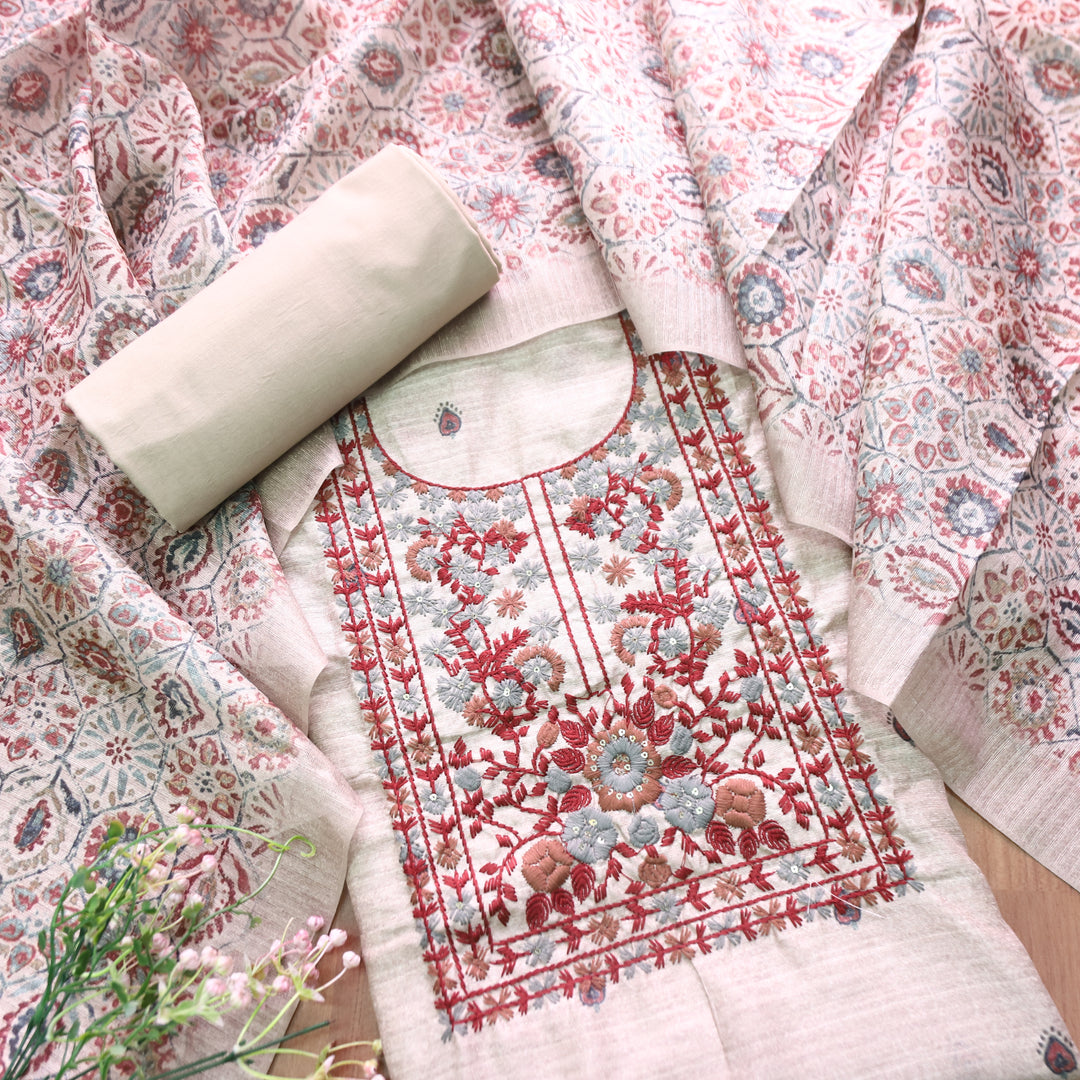 Meenakshi Hazel Beige with Red Kolkata Hand Embroidery Printed Art Tussar Chanderi Set