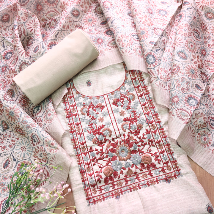 Meenakshi Hazel Beige with Red Kolkata Hand Embroidery Printed Art Tussar Chanderi Set