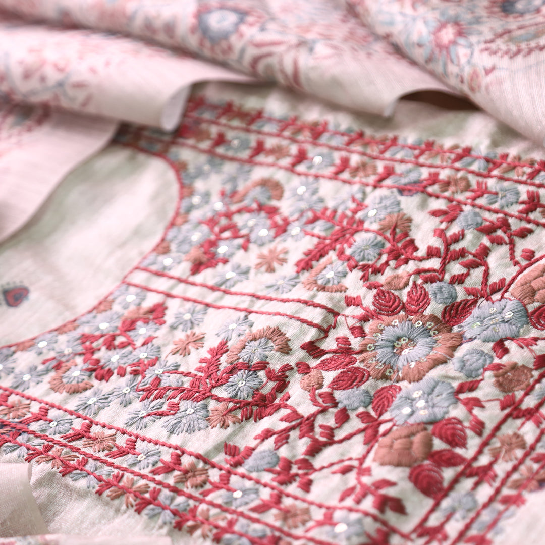 Meenakshi Hazel Beige with Red Kolkata Hand Embroidery Printed Art Tussar Chanderi Set
