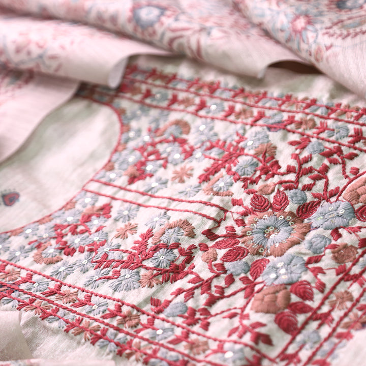 Meenakshi Hazel Beige with Red Kolkata Hand Embroidery Printed Art Tussar Chanderi Set