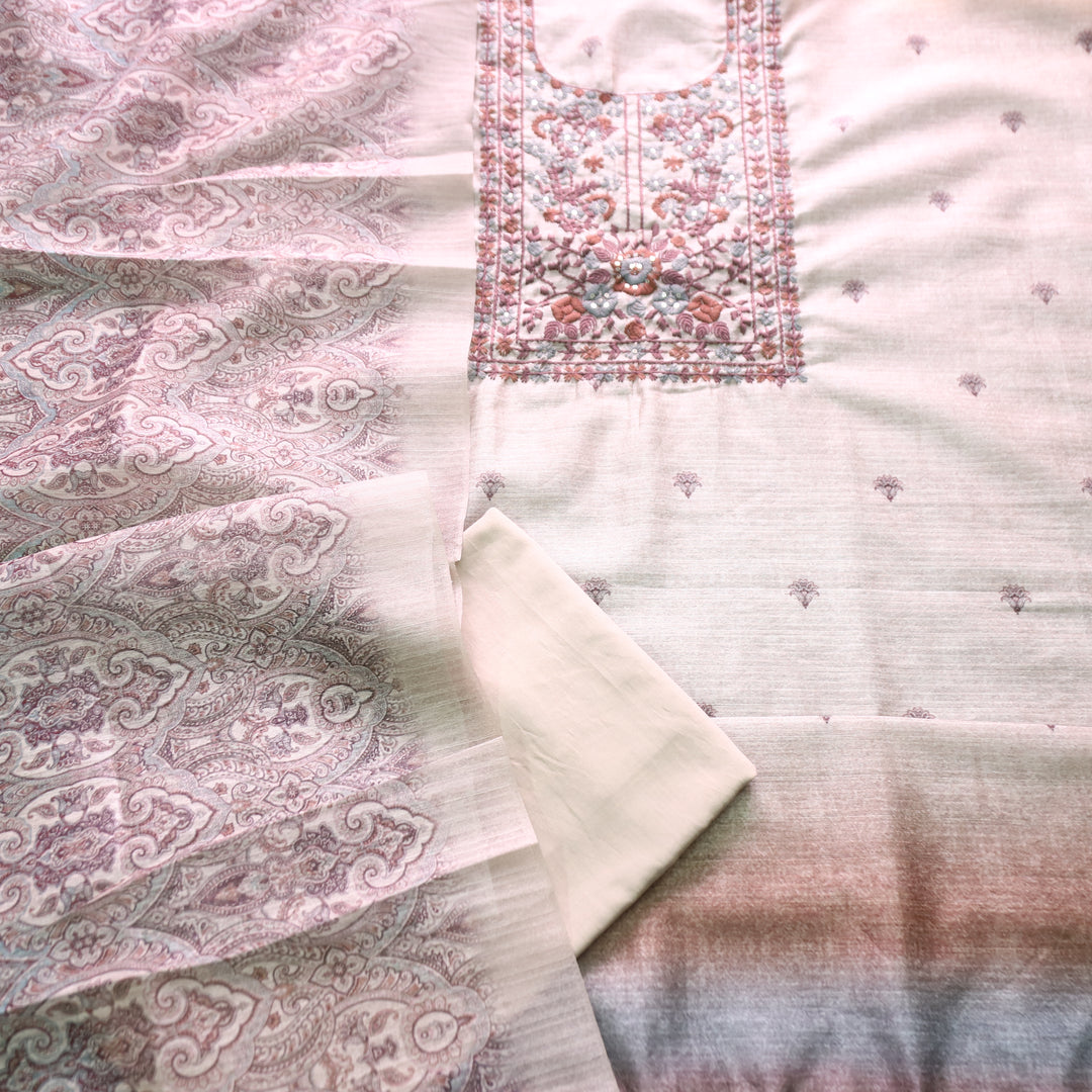 Meenakshi Hazel Beige with Brown Kolkata Hand Embroidery Printed Art Tussar Chanderi Set