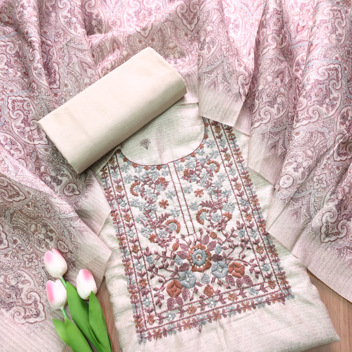Meenakshi Hazel Beige with Brown Kolkata Hand Embroidery Printed Art Tussar Chanderi Set