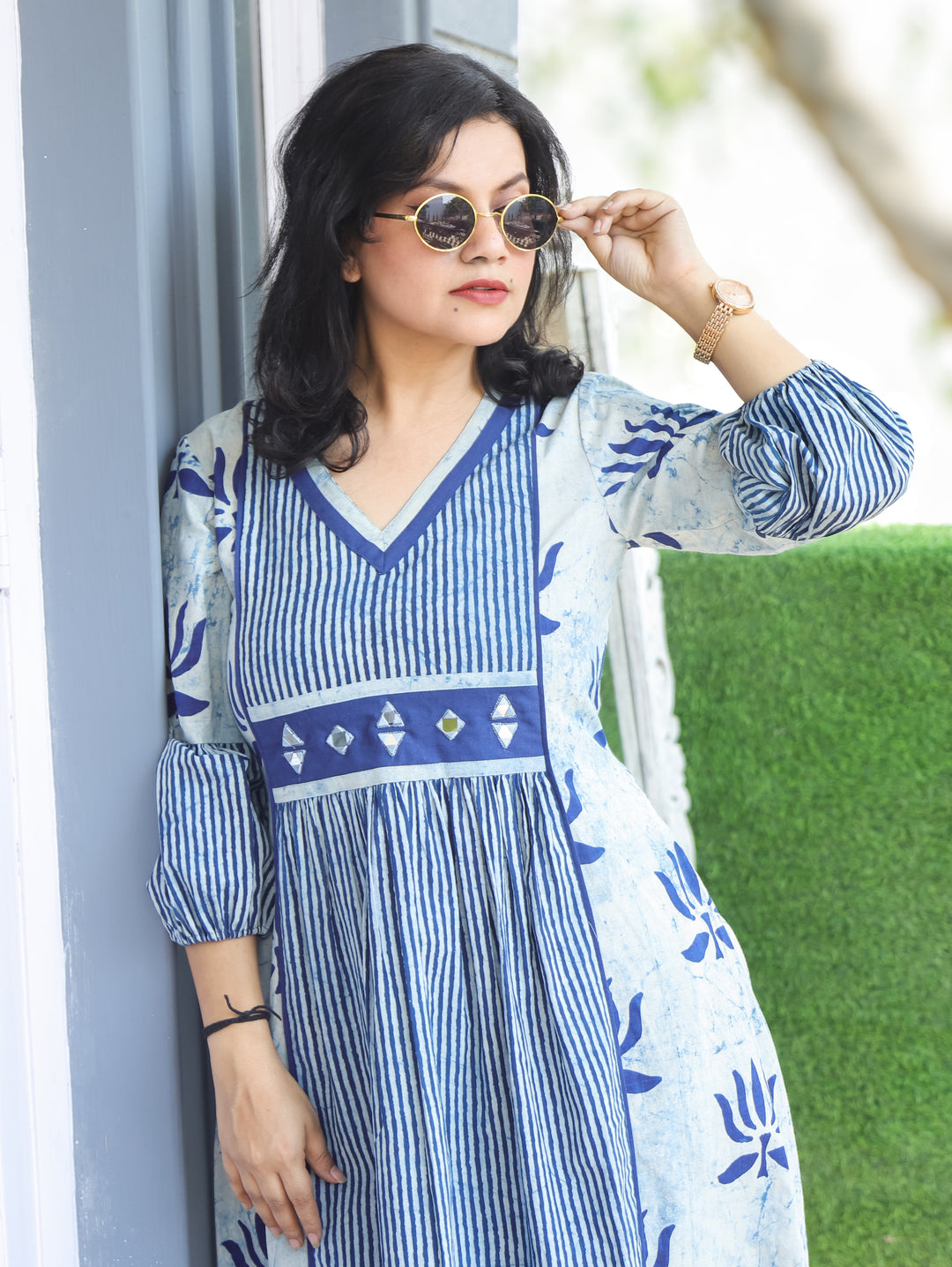 Joe Emily Ice Blue Dabu Printed Cotton Dress