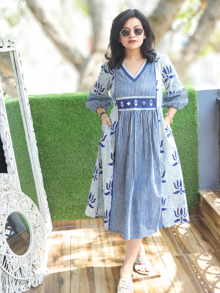 Joe Emily Ice Blue Dabu Printed Cotton Dress