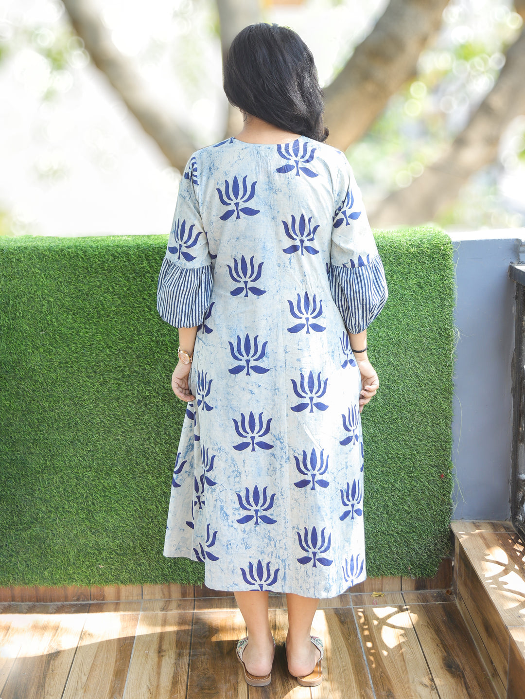 Joe Emily Ice Blue Dabu Printed Cotton Dress
