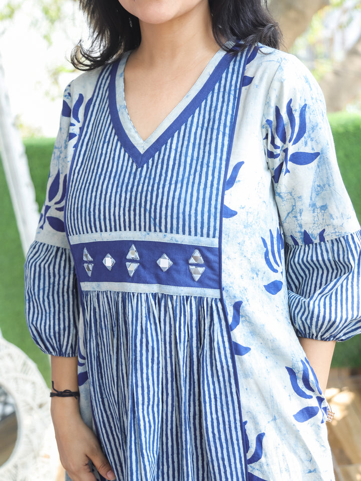 Joe Emily Ice Blue Dabu Printed Cotton Dress