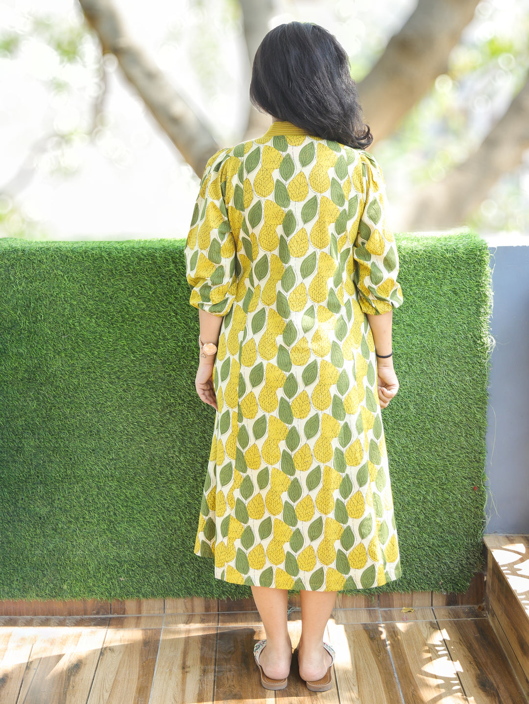 Joe Luna White Yellow Leaf Print Cotton Dress