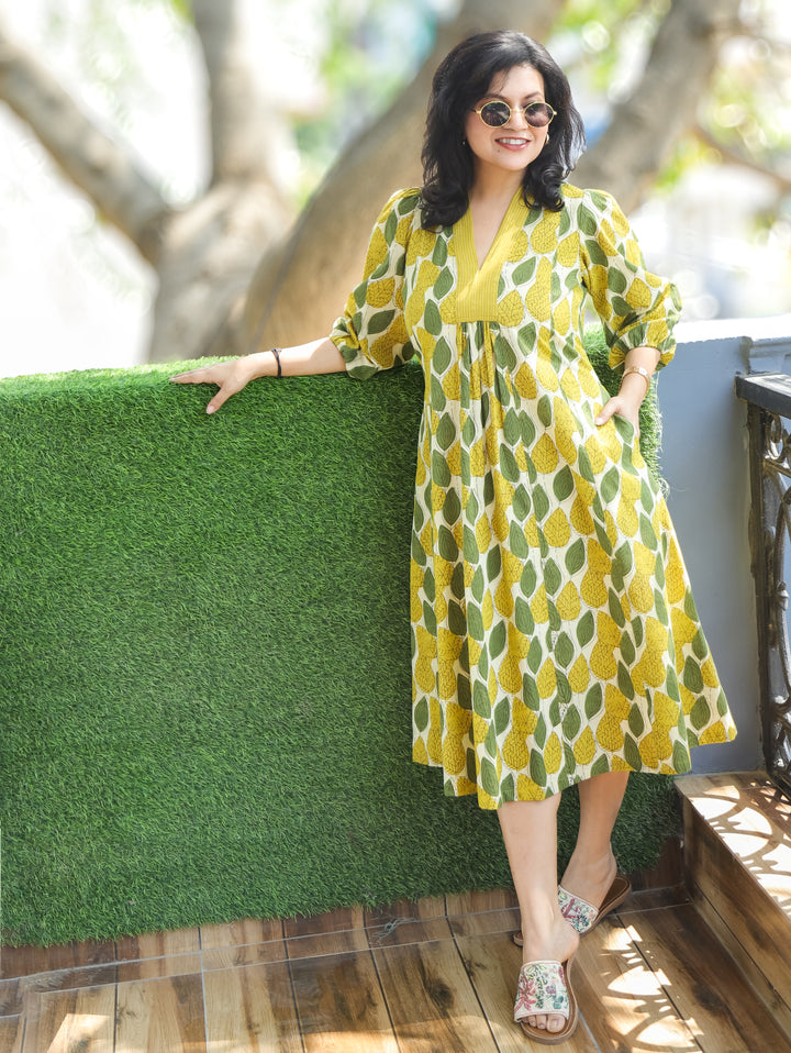 Joe Luna White Yellow Leaf Print Cotton Dress
