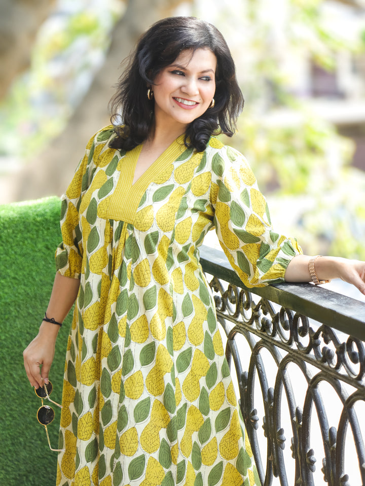 Joe Luna White Yellow Leaf Print Cotton Dress