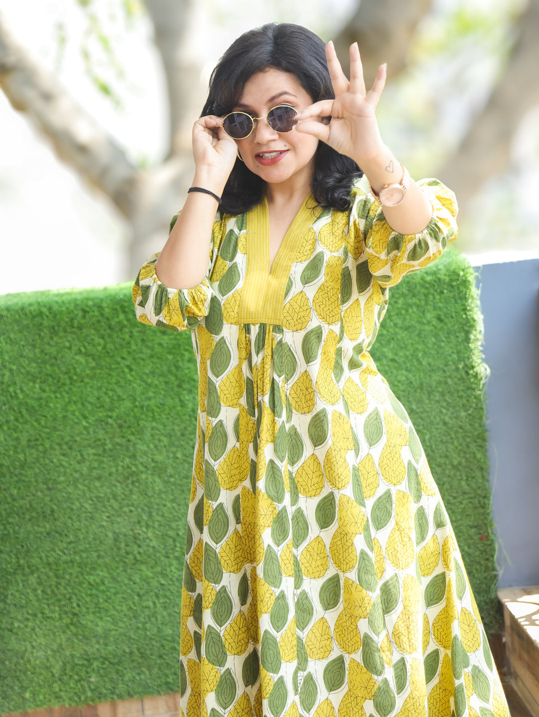 Joe Luna White Yellow Leaf Print Cotton Dress