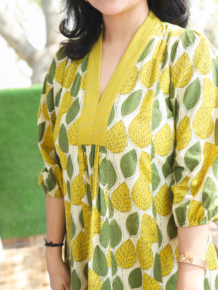 Joe Luna White Yellow Leaf Print Cotton Dress
