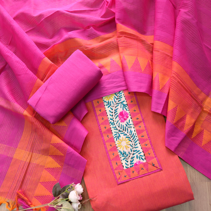 Khayal Orange Thread Embroidered Neck Patch Temple Print South Cotton Set