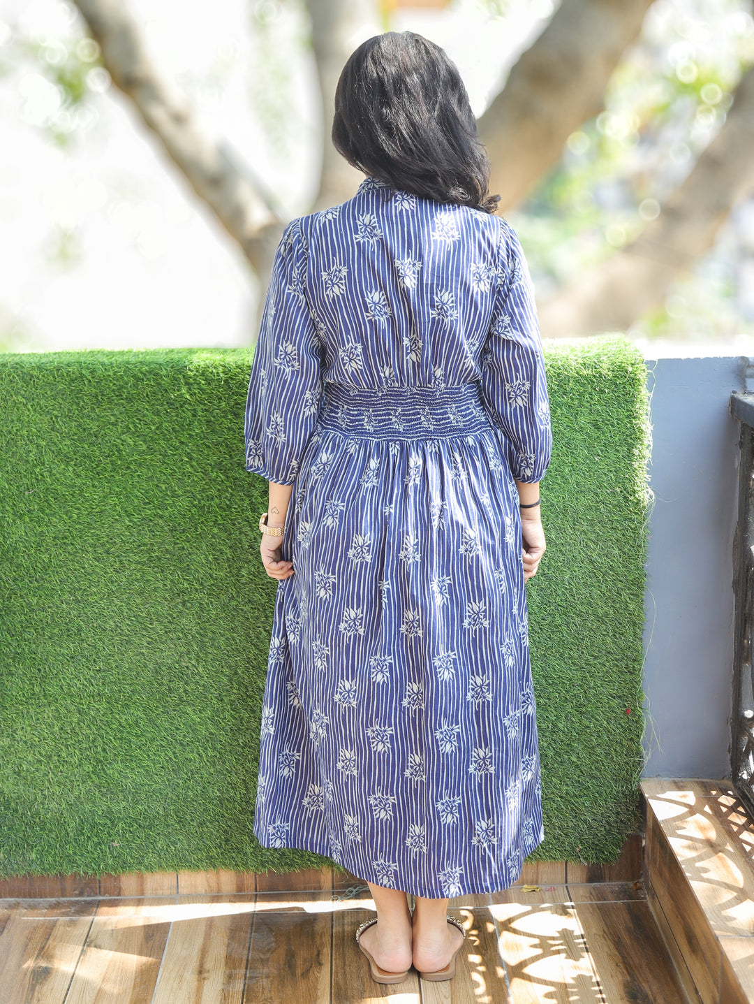 Joe Roce Navy Blue Dabu Print Cotton Dress