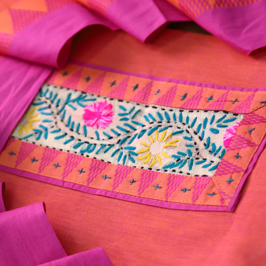 Khayal Orange Thread Embroidered Neck Patch Temple Print South Cotton Set