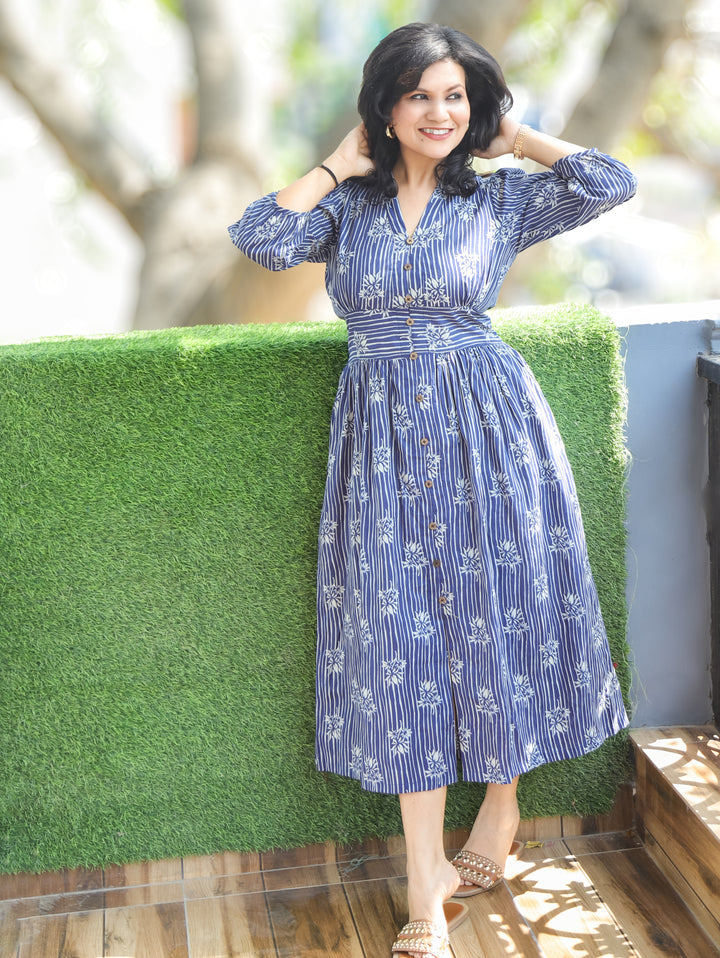 Joe Roce Navy Blue Dabu Print Cotton Dress