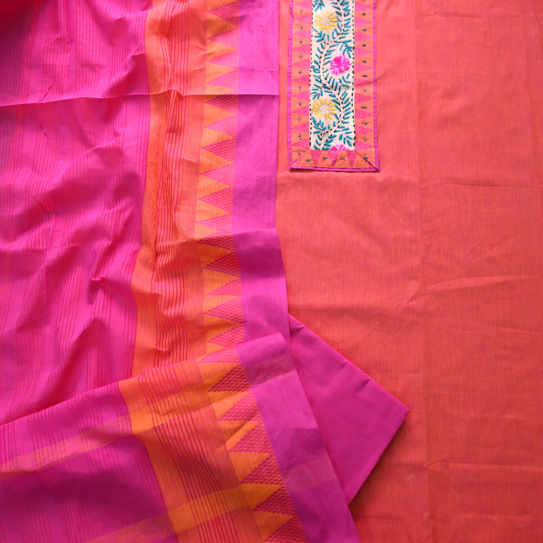 Khayal Orange Thread Embroidered Neck Patch Temple Print South Cotton Set