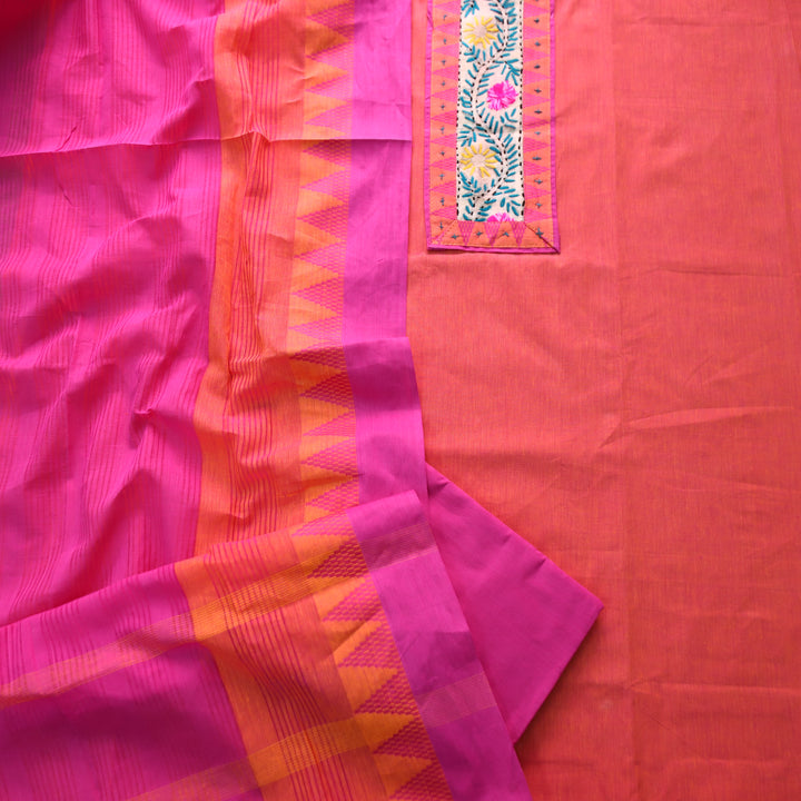 Khayal Orange Thread Embroidered Neck Patch Temple Print South Cotton Set