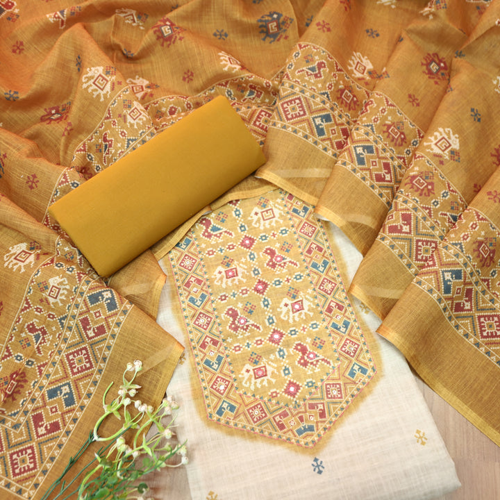 Saheli Beige with Yellow Patola Printed Hem and Yoke with Patra Cotton Linen Set