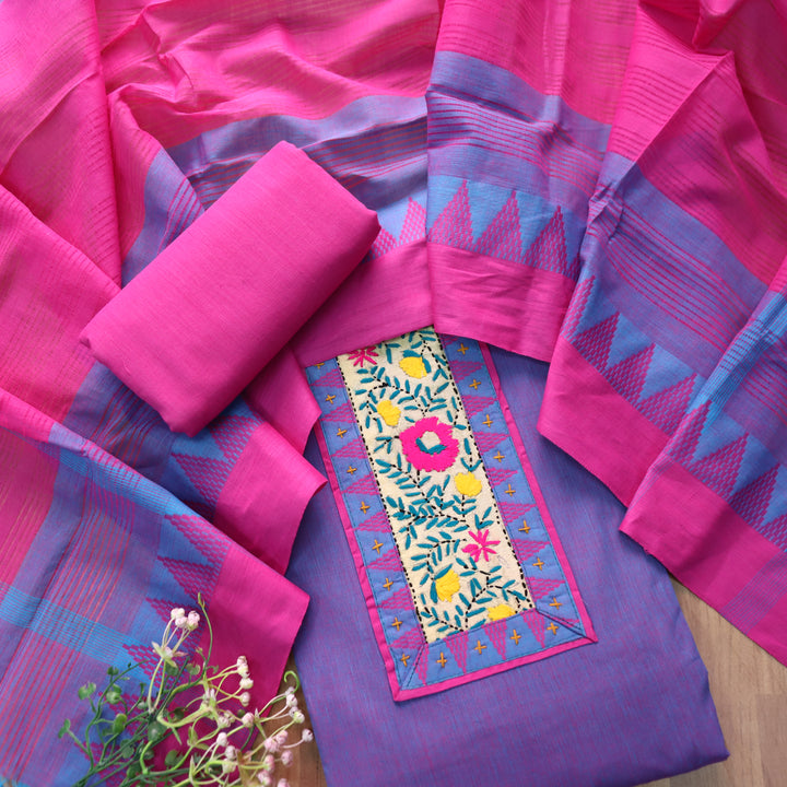 Khayal Magical Blue Thread Embroidered Neck Patch Temple Print South Cotton Set
