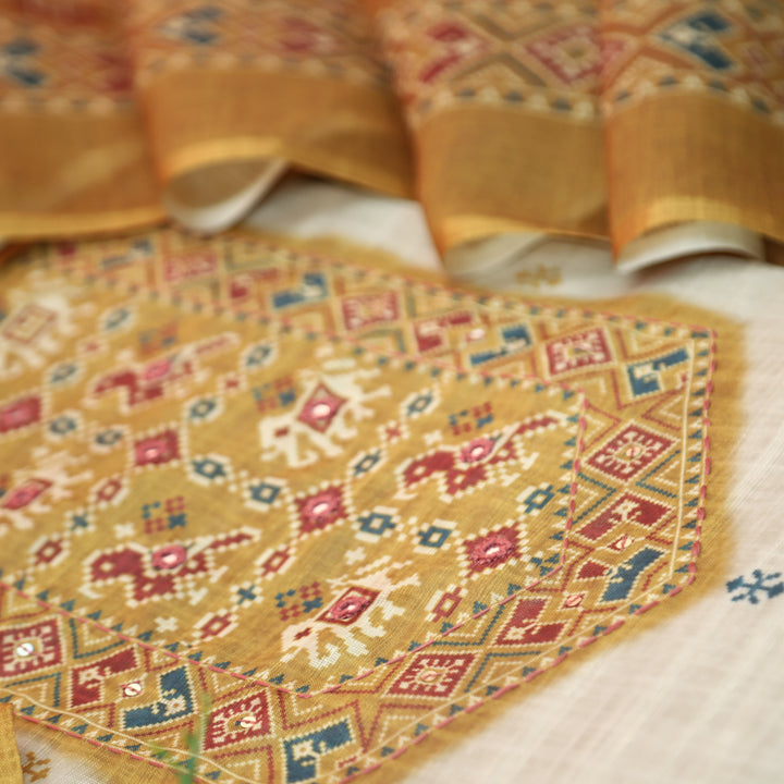 Saheli Beige with Yellow Patola Printed Hem and Yoke with Patra Cotton Linen Set