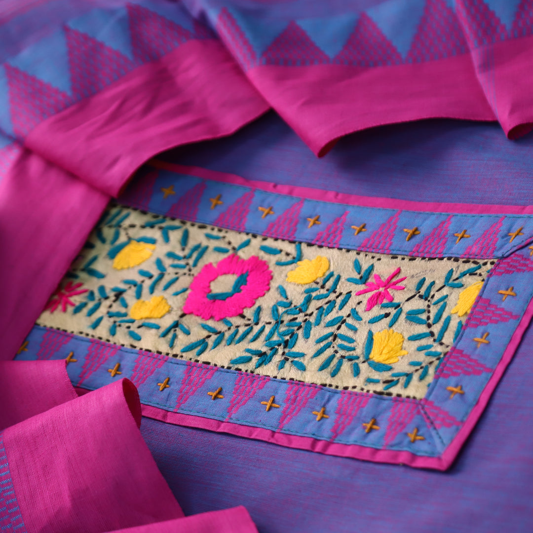 Khayal Magical Blue Thread Embroidered Neck Patch Temple Print South Cotton Set