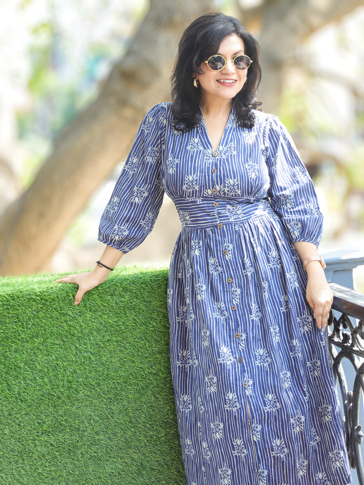 Joe Roce Navy Blue Dabu Print Cotton Dress