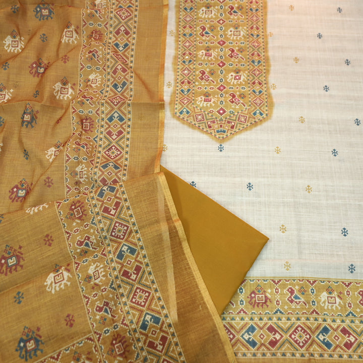 Saheli Beige with Yellow Patola Printed Hem and Yoke with Patra Cotton Linen Set